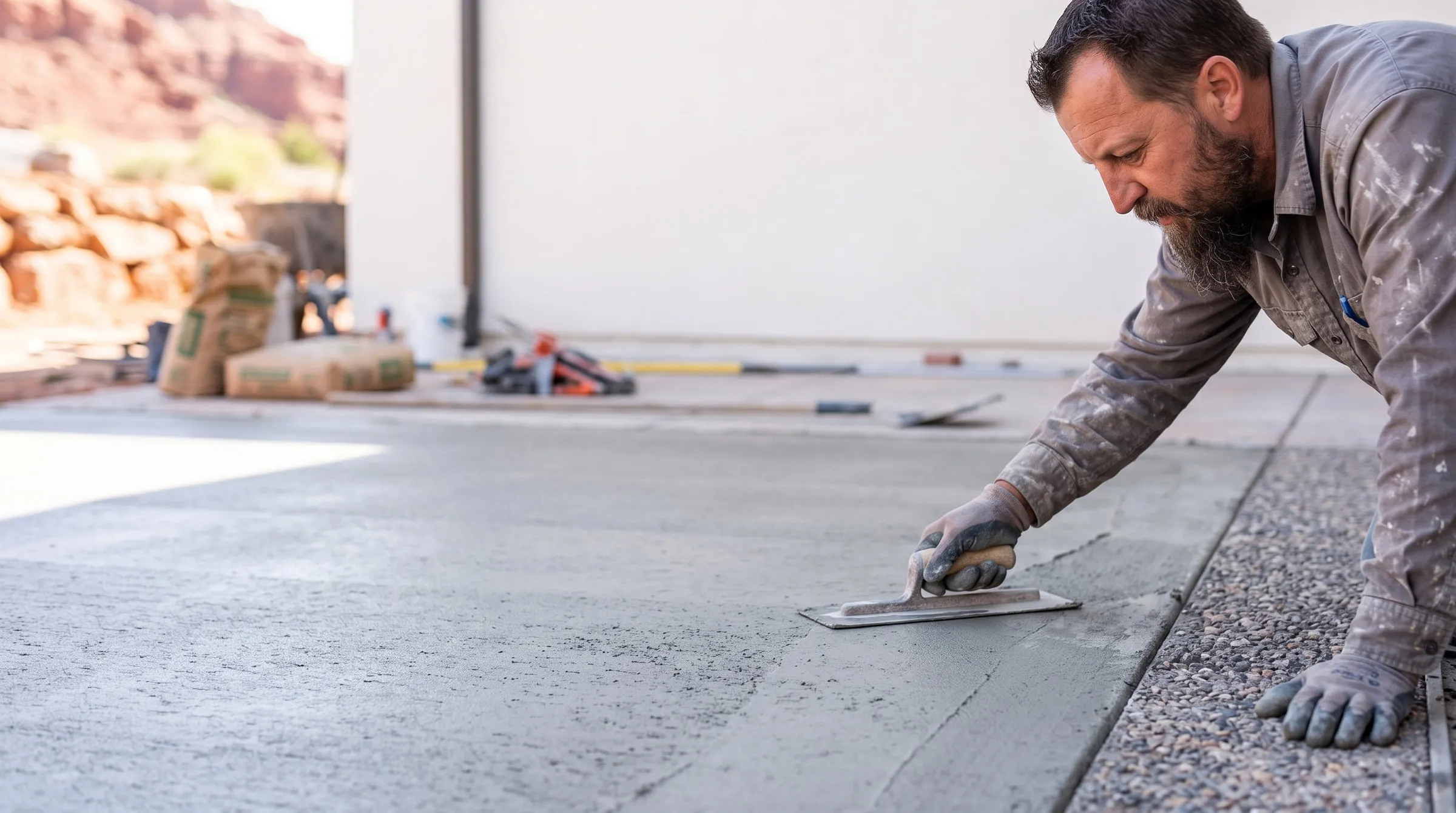 A low angle view of a tradesman troweling the edge of a freshly poured concrete slab with gloved hands