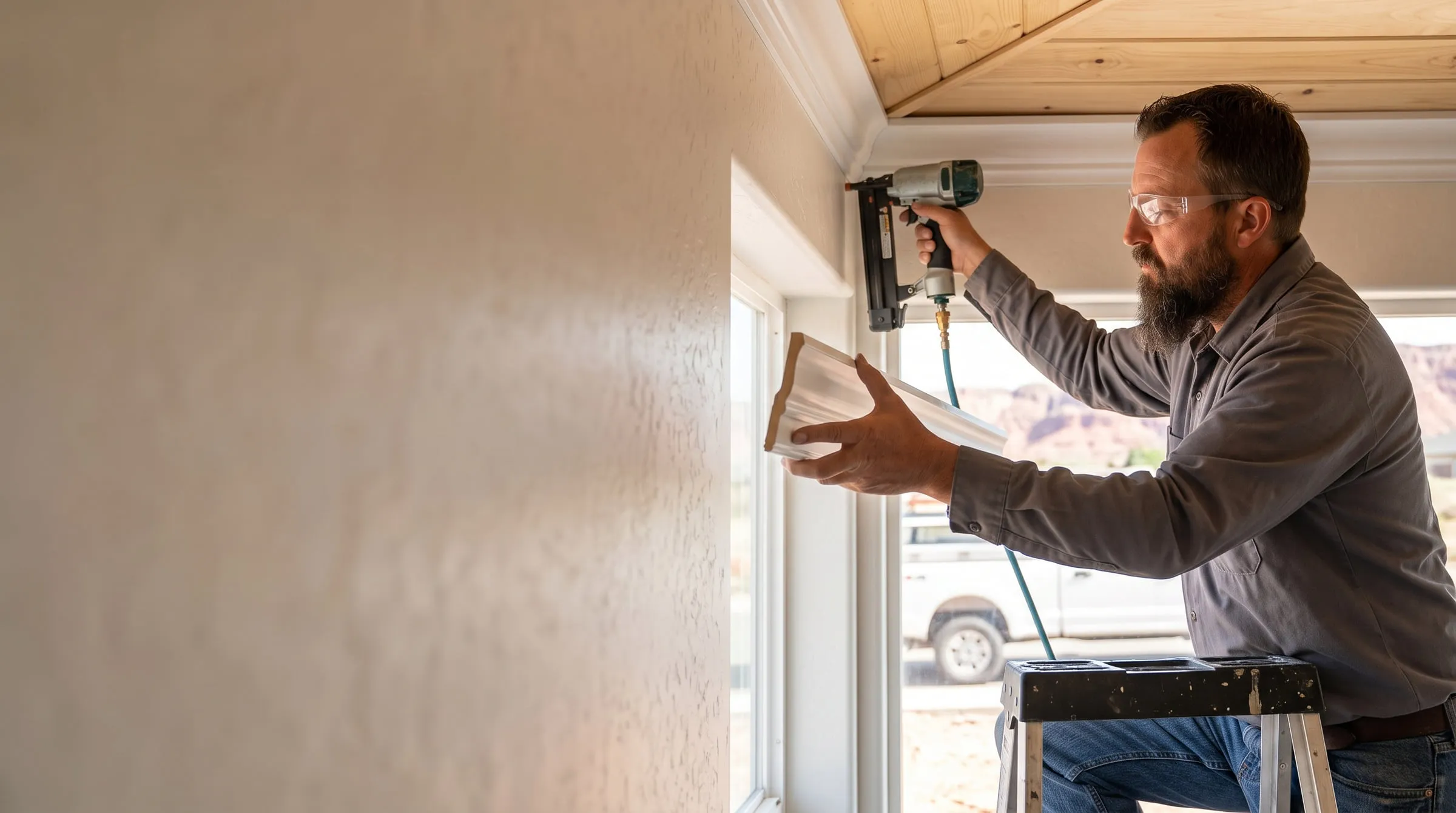A carpenter on a ladder fitting a length of white crown moulding against the ceiling line above a window