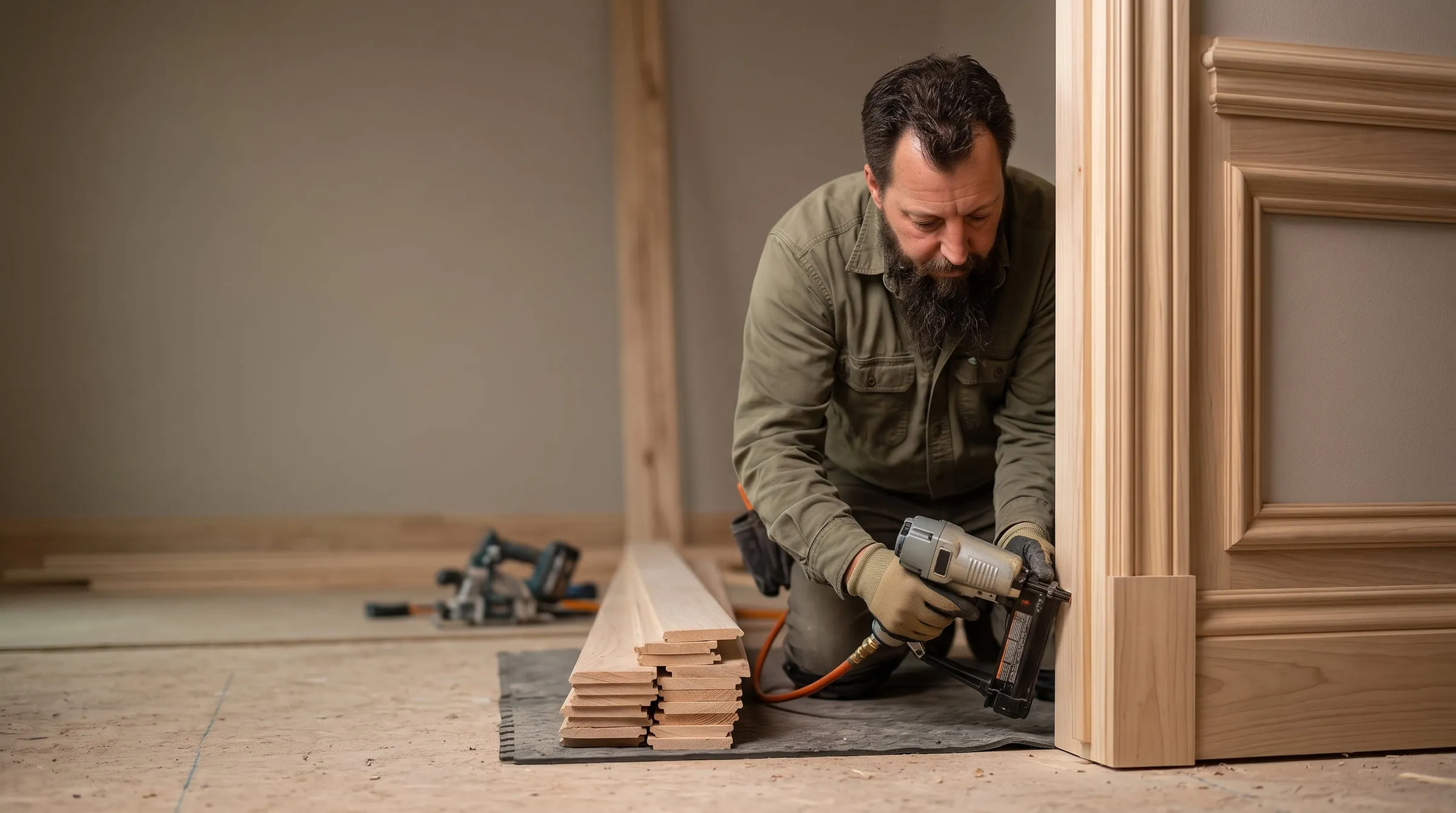A tradesman kneeling at a door jamb driving a nail into new casing with trim stacked on a mat beside him