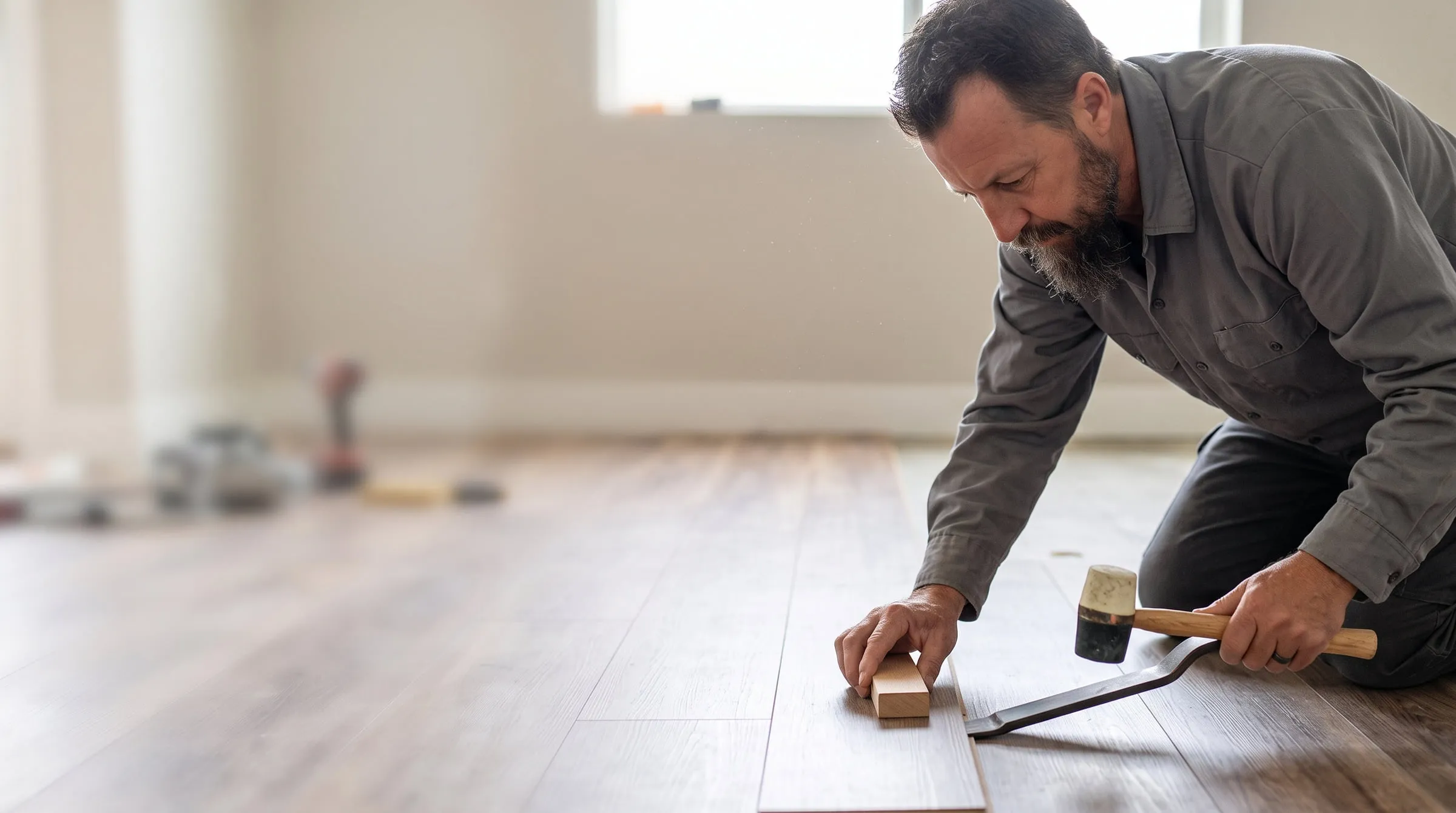 A tradesman kneeling on a subfloor tapping a wood-look plank into place with a white mallet and tapping block